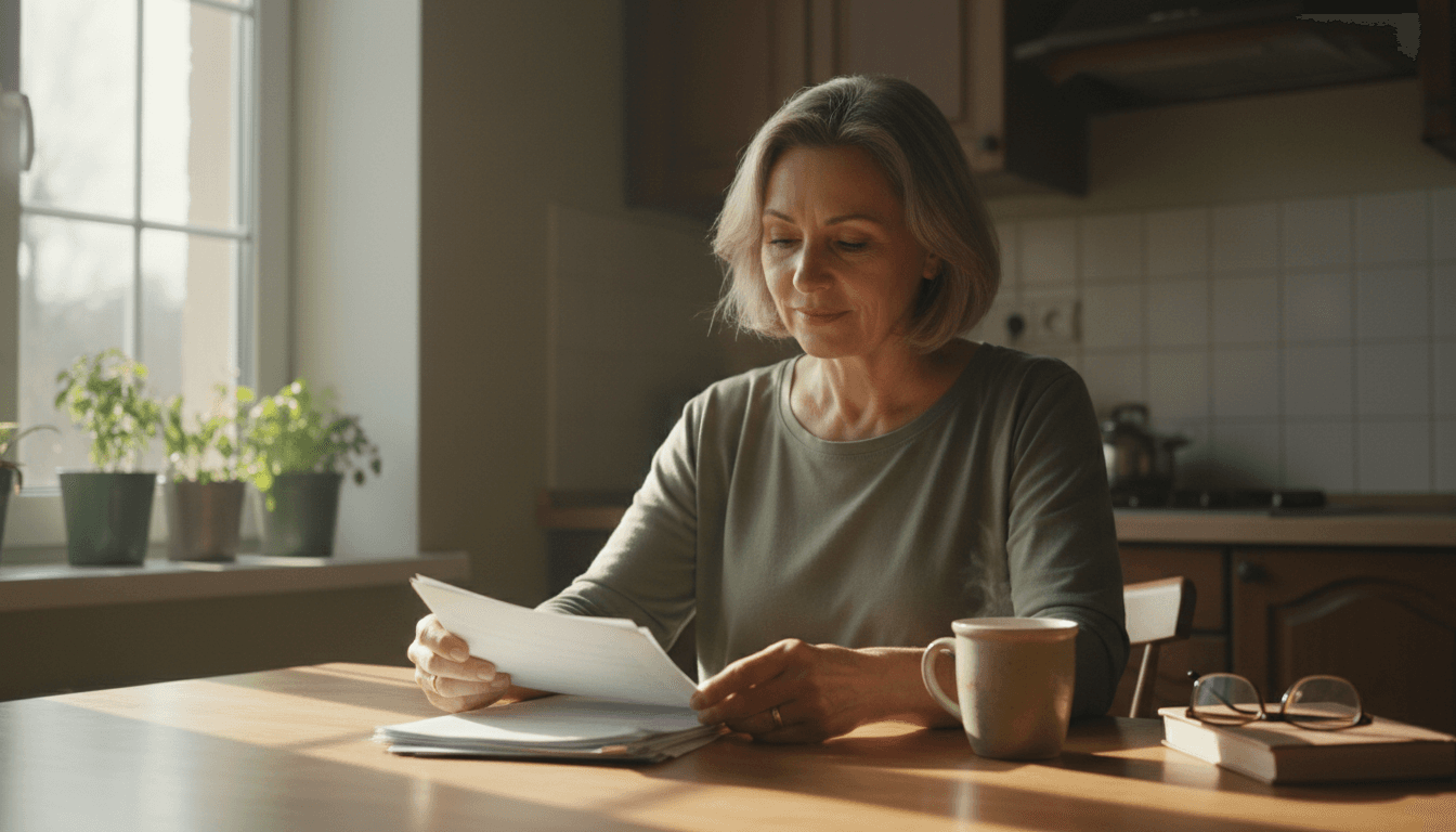 Woman reviewing medical papers at a kitchen table with a cup of tea