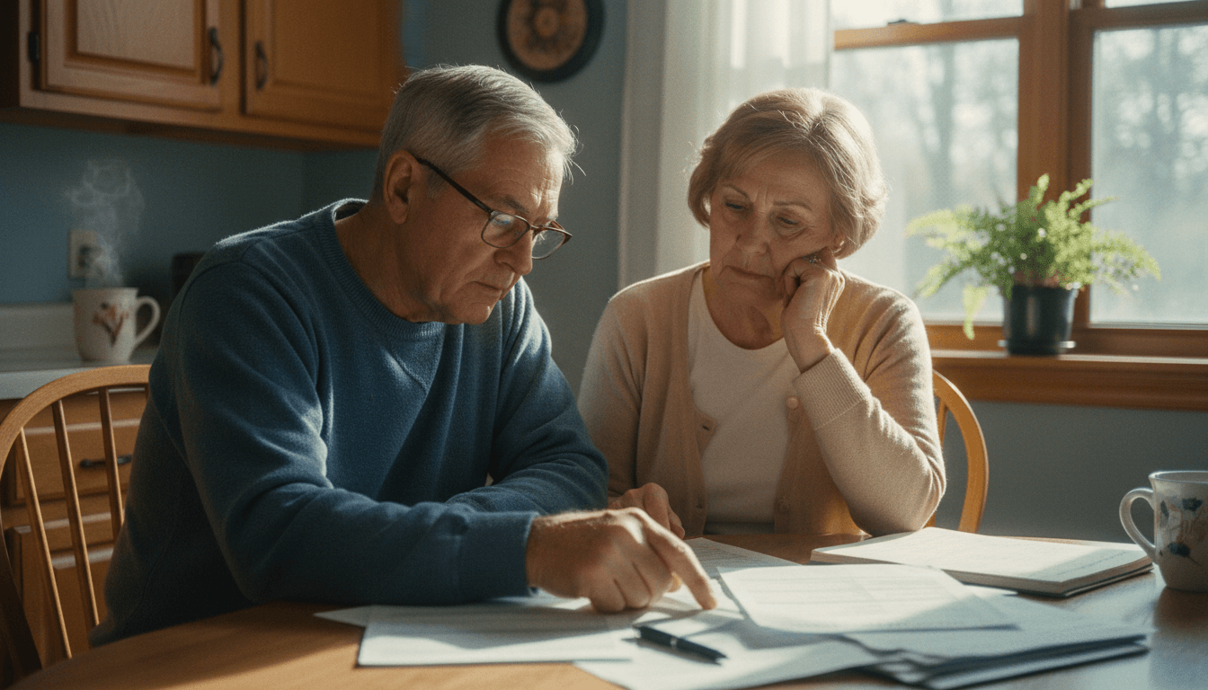 Older couple reviewing insurance papers at a kitchen table in a sunlit Erie home