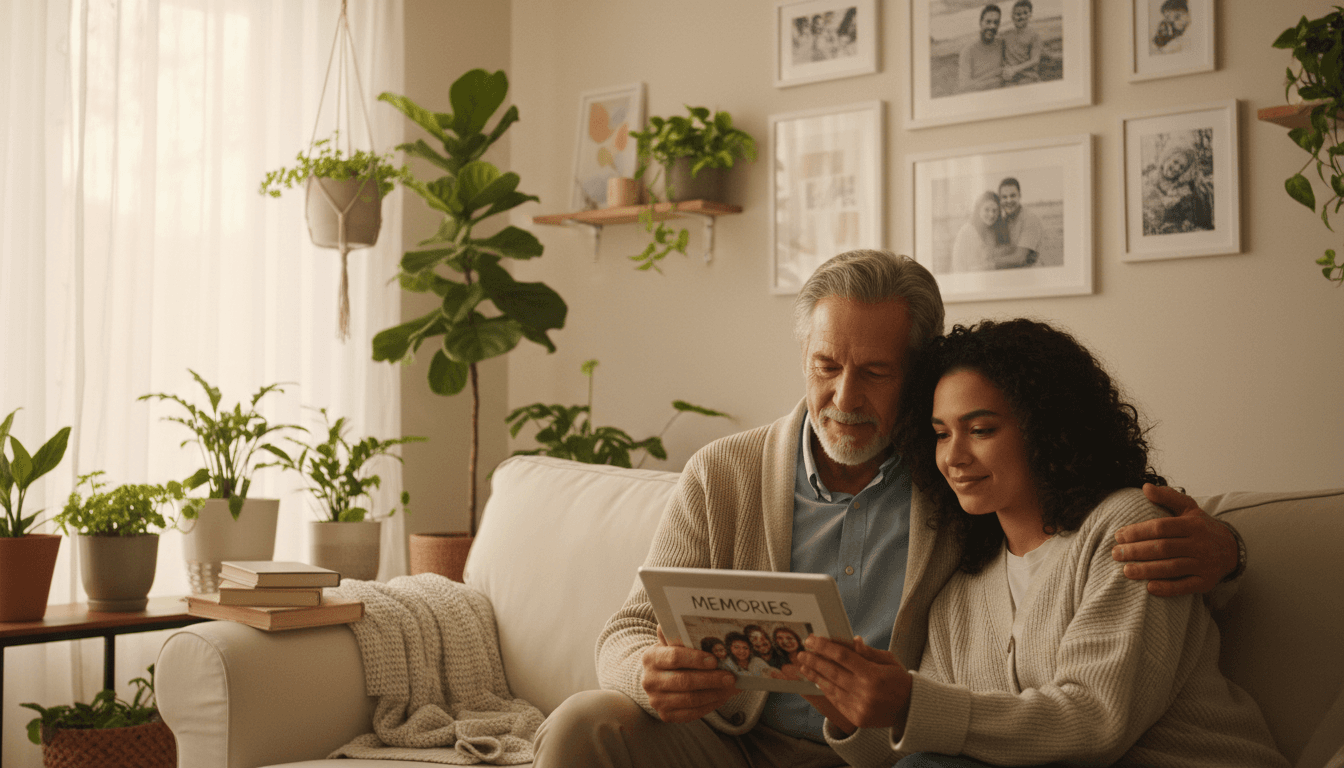 Older man reviewing something on a tablet with a younger family member in a bright living room