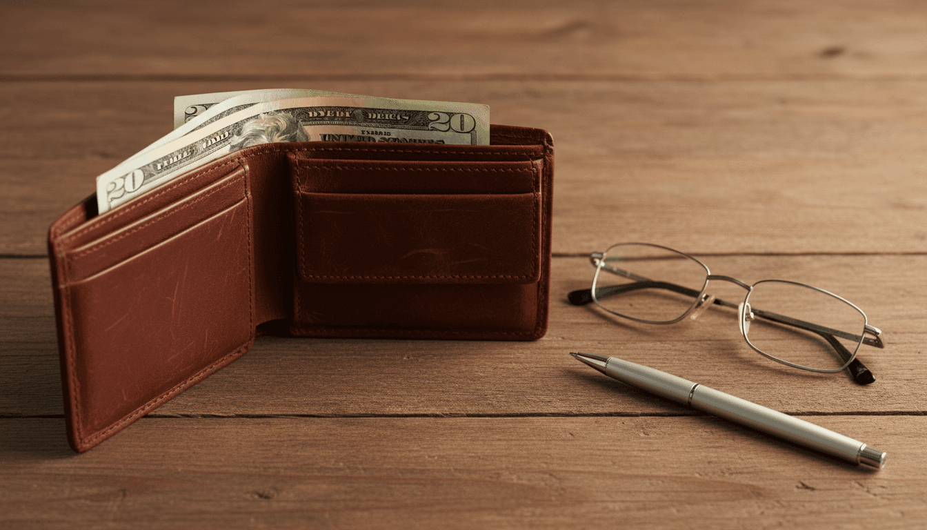 Open wallet with cash on a wooden table