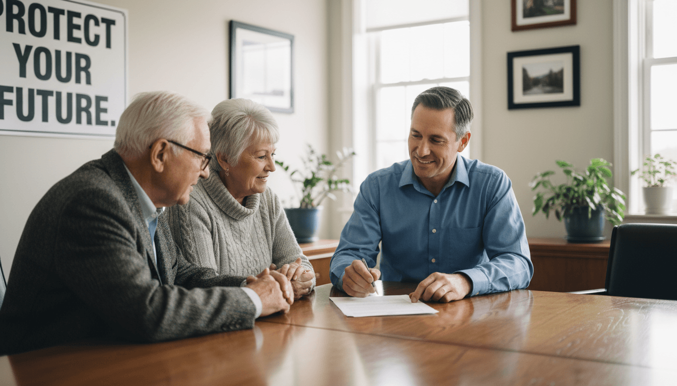 Friendly insurance advisor reviewing prescription costs with a senior couple in a bright office
