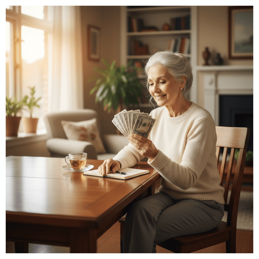 Senior woman sitting at home holding cash, looking content and secure.