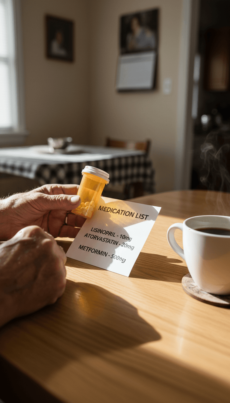 Senior reviewing prescription medication list at home in Erie