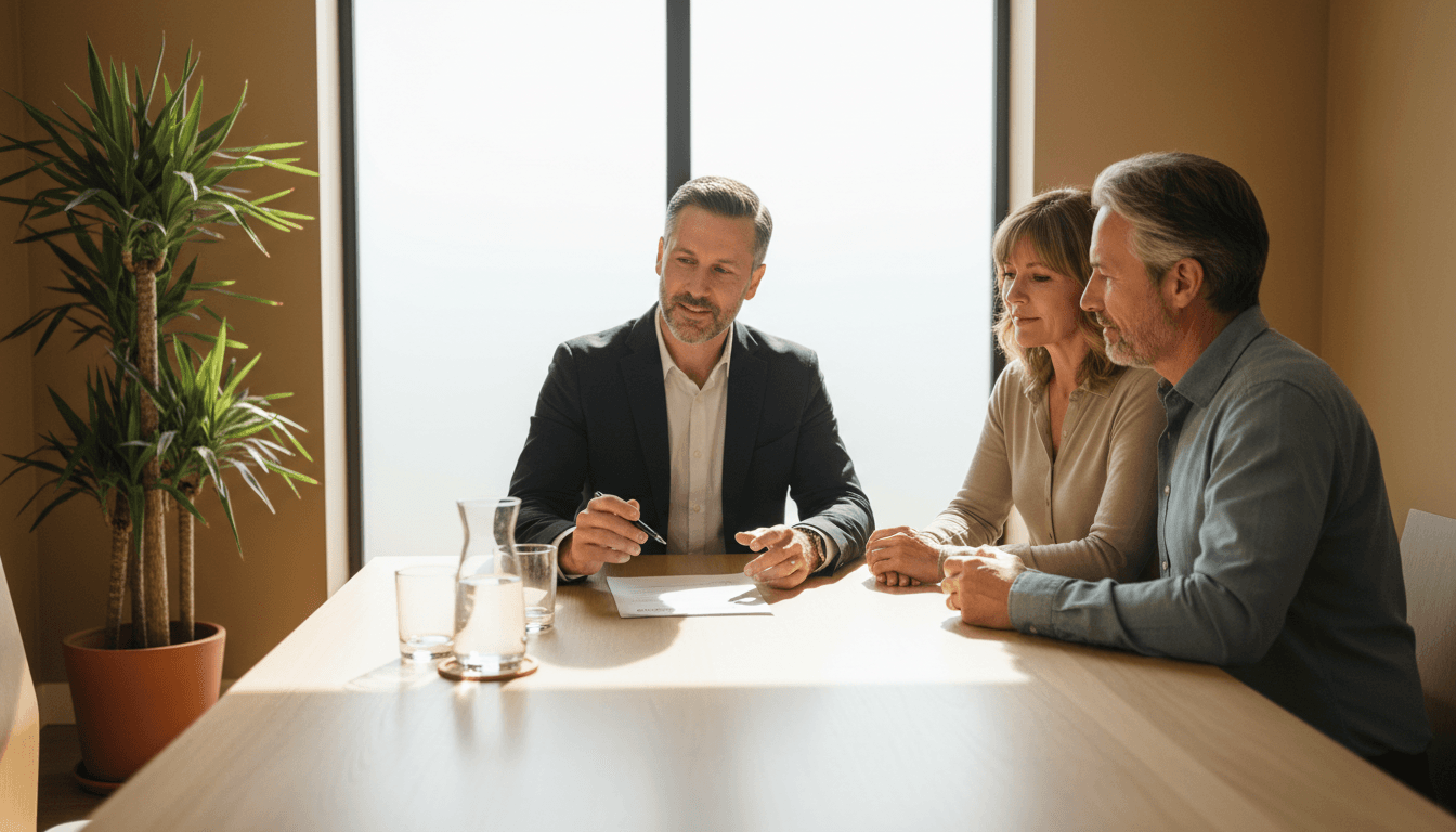 Insurance agent discussing plan options with a couple at a conference table
