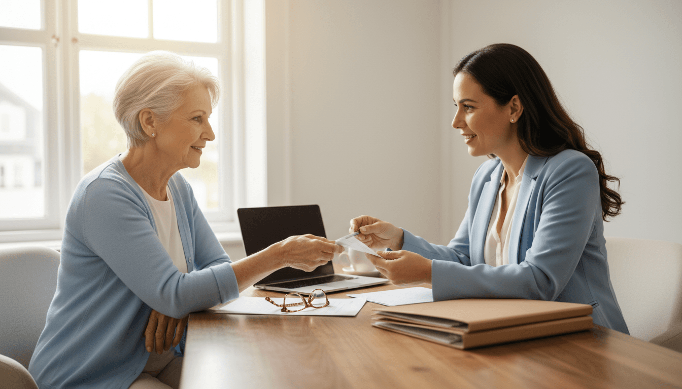 Senior woman sharing her medication list with an insurance agent at a desk