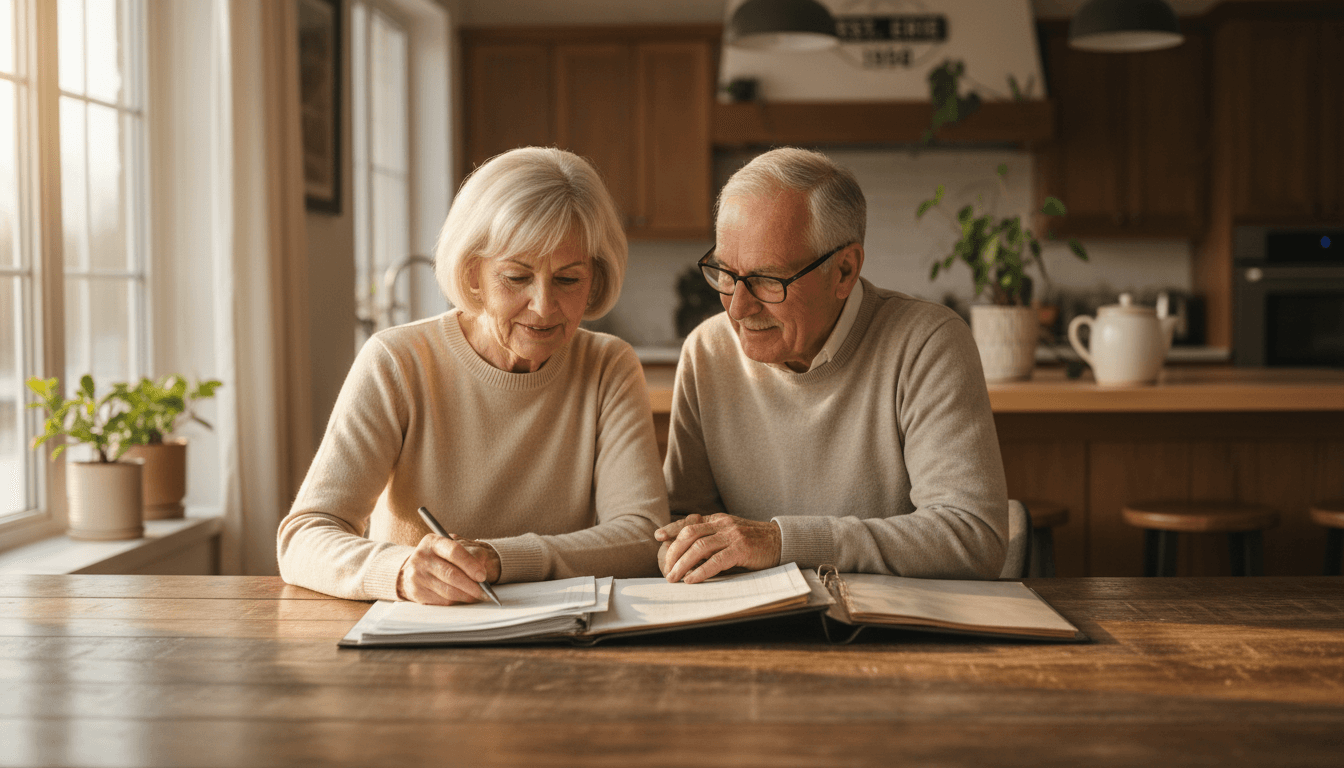 Senior couple reviewing paperwork together at a kitchen table