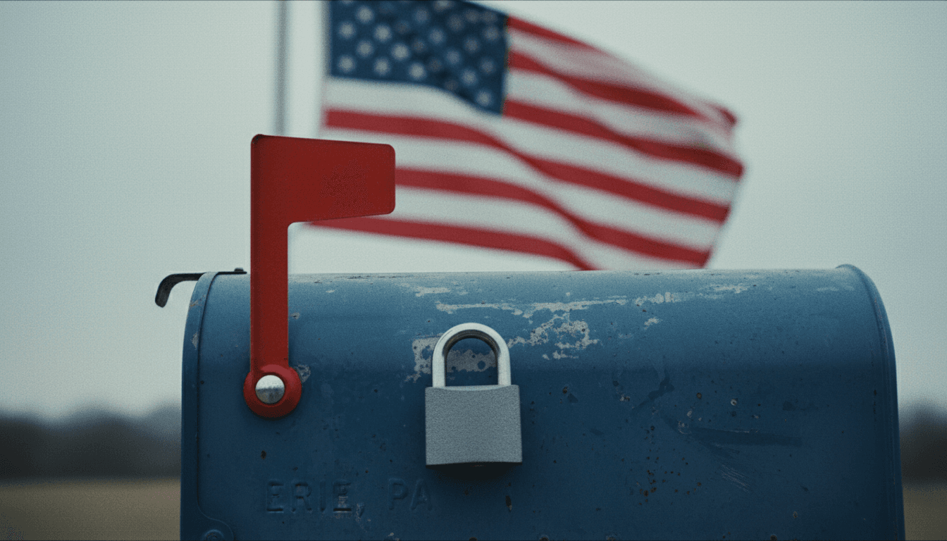 A padlock on a residential mailbox with an American flag in the background