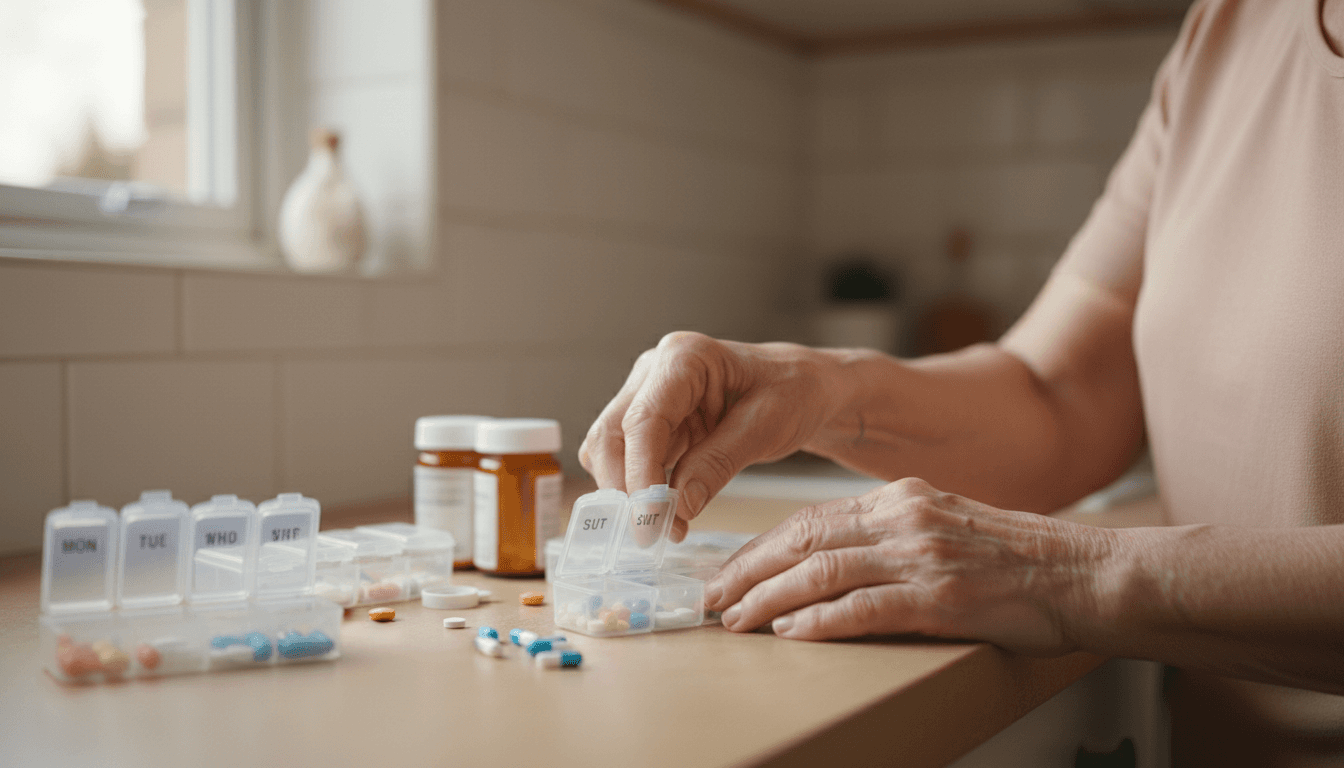 Older woman sorting weekly pill organizers