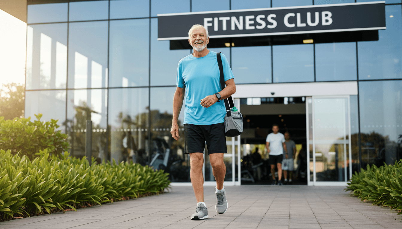 Senior man walking into a gym