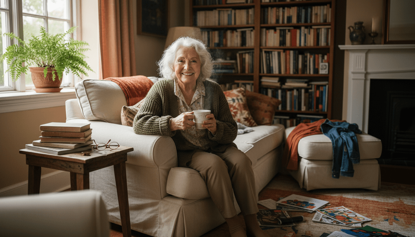 Senior woman smiling in a comfortable living room armchair