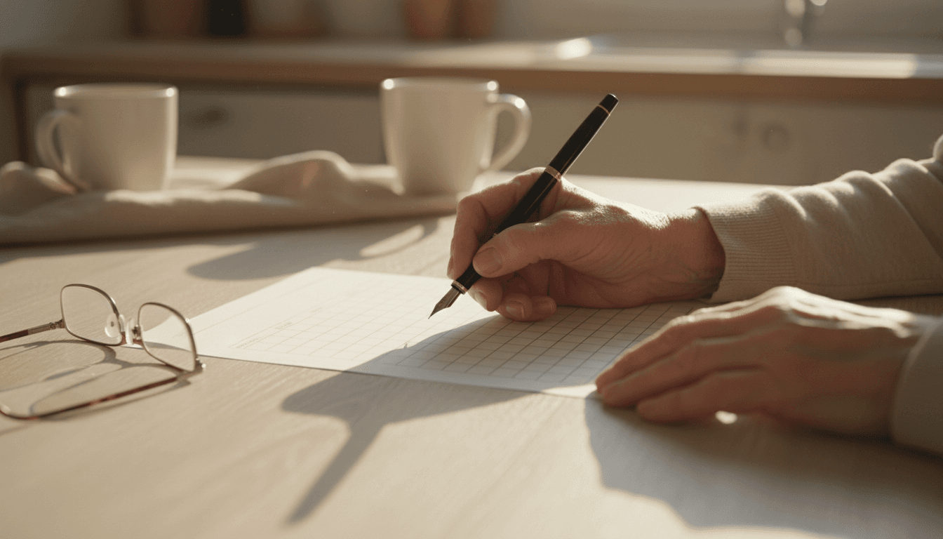 Senior hands filling out a simple paper form at a kitchen table