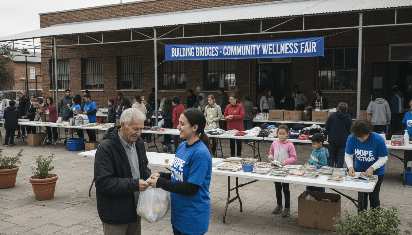 Volunteers of diverse backgrounds conducting community outreach program with residents gathering in outdoor community space