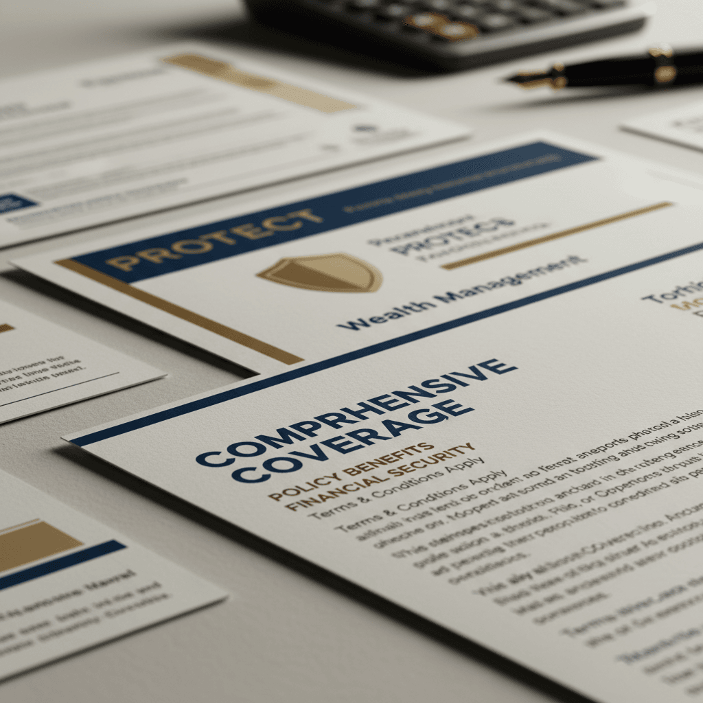 Close-up detail of insurance policy documents and financial product brochures with selective focus on key terms