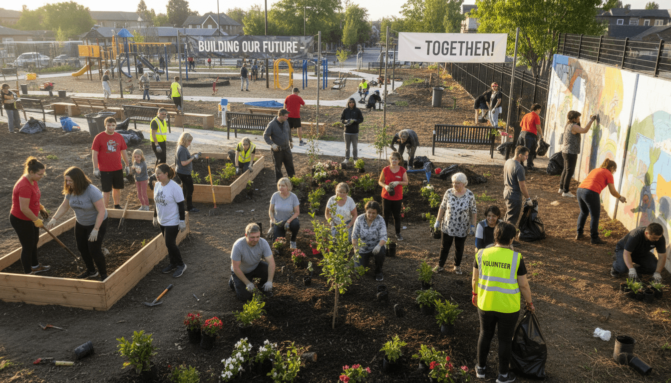 Large diverse group of volunteers working together on outdoor community improvement project in natural daylight
