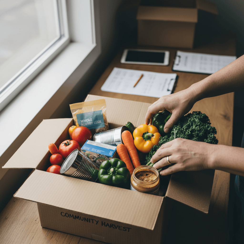 Close-up of hands carefully arranging fresh vegetables and packaged goods into donation box with natural lighting