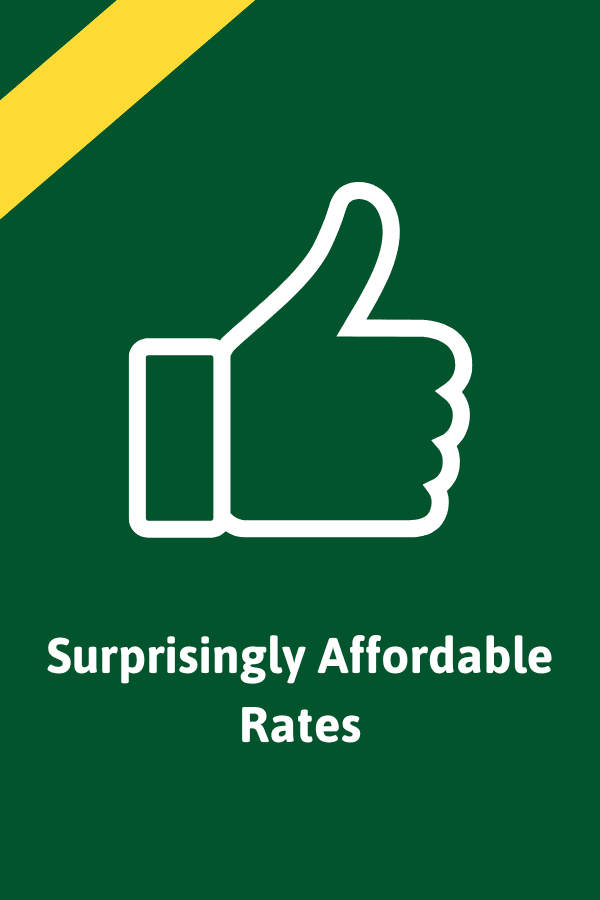 White thumbs-up icon and text Surprisingly Affordable Rates on a green and yellow background.