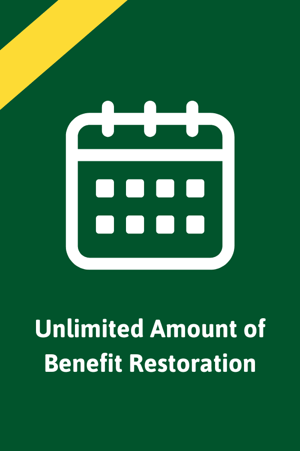 White calendar icon and text "Unlimited Amount of Benefit Restoration" on dark green background.