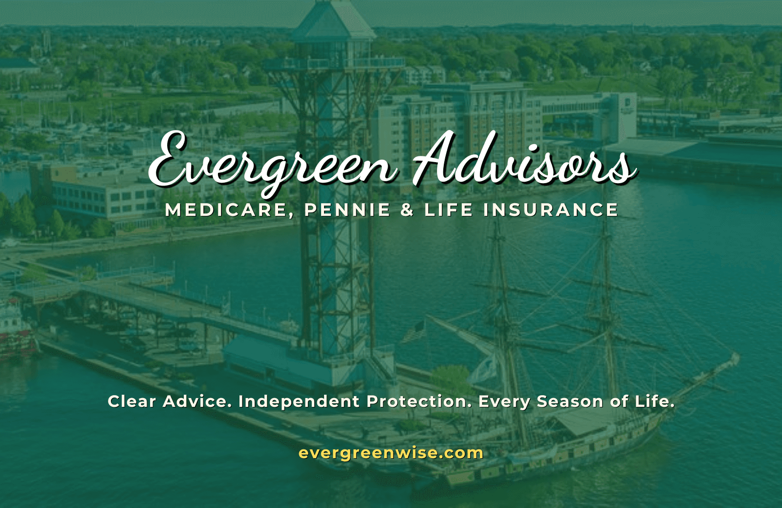 Evergreen Advisors logo over a green-tinted aerial view of a waterfront tower and ship.