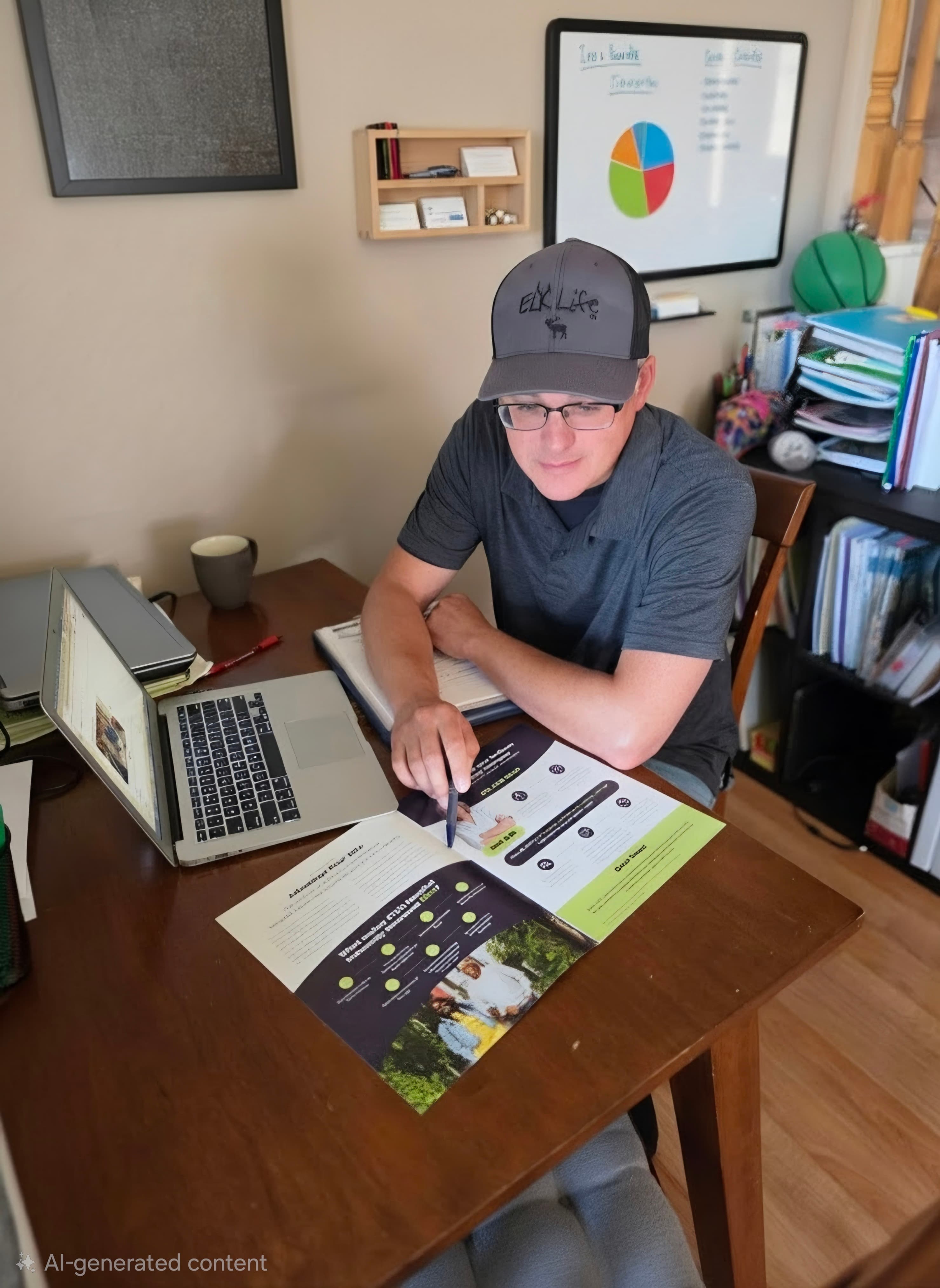 Man in a baseball cap reviews a brochure at a desk with an open laptop.